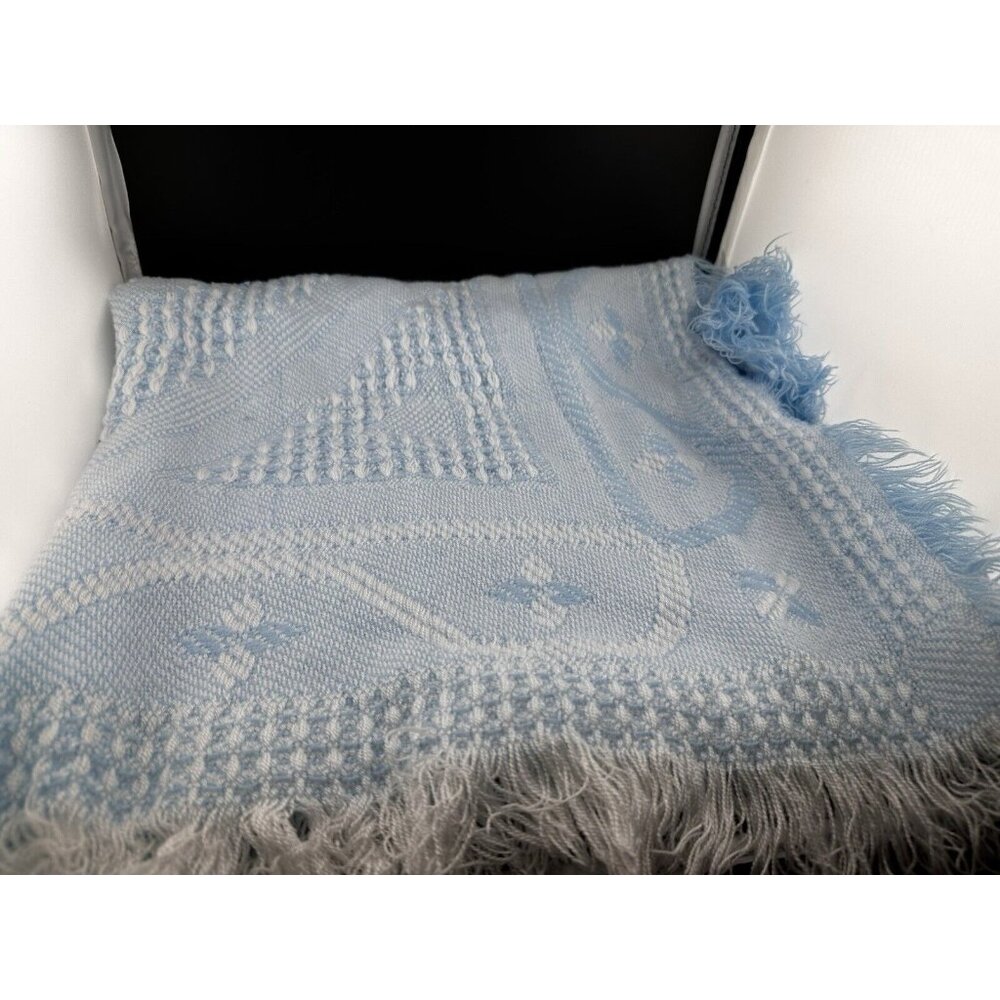 Vtg Baby Security Blanket Bumble Bee Design Blue White Fringed‎ Woven Acrylic